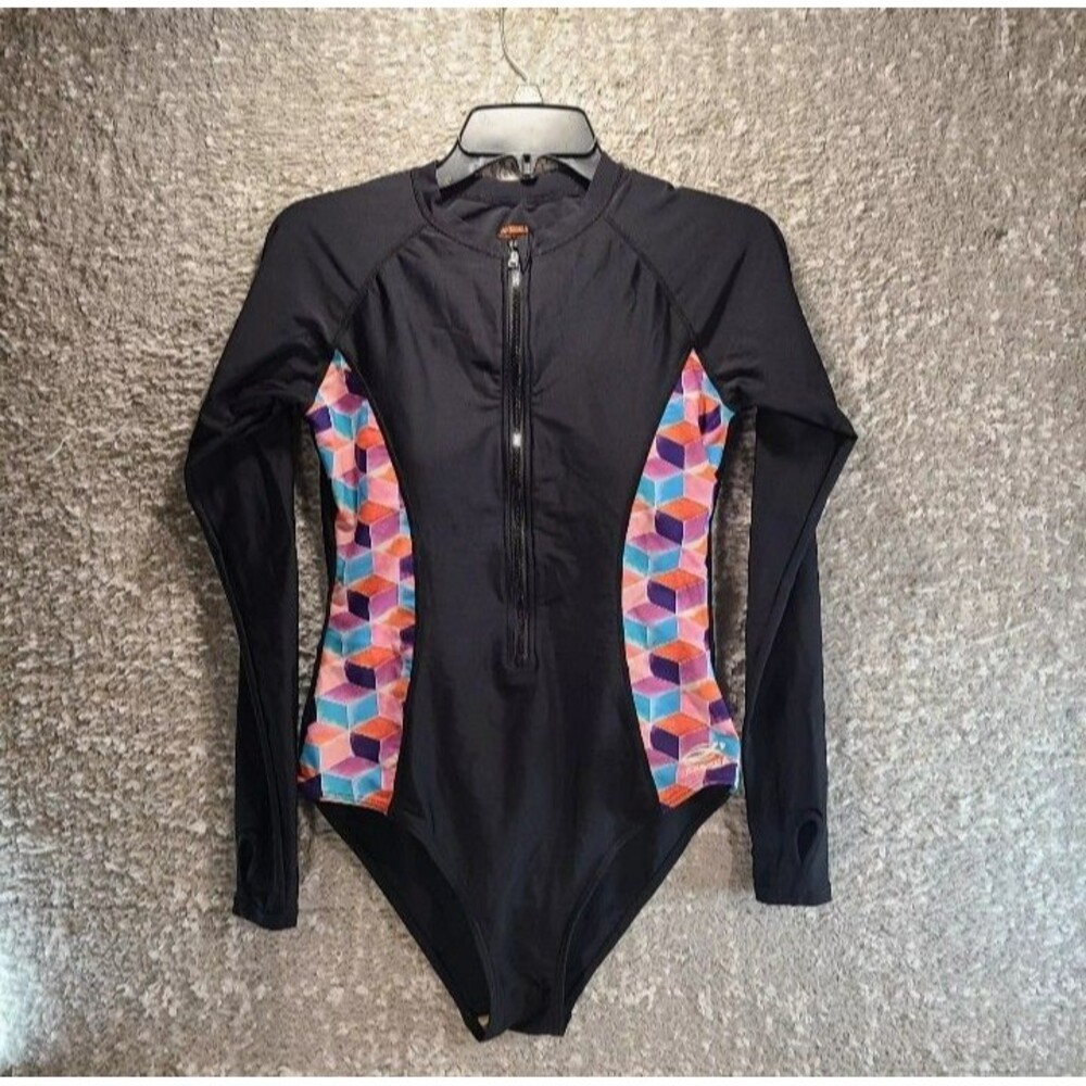 Axesea Women Long Sleeve One Piece Swimsuit Size 14 Black Geometric Print (Flaw)